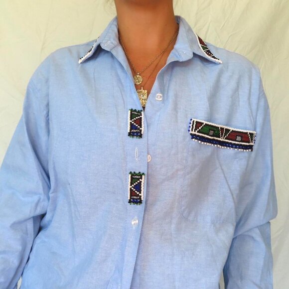 VIVA AFRIKA BLUE BEADED NATIVE AMERICAN BUTTON DOWN TOP WOMENS XL - Picture 7 of 8
